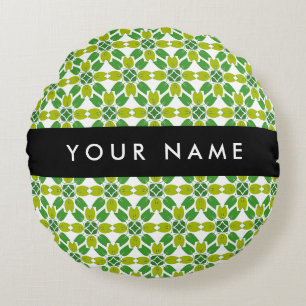 Leaf Pattern, Green Leaves, Your Name Round Pillow