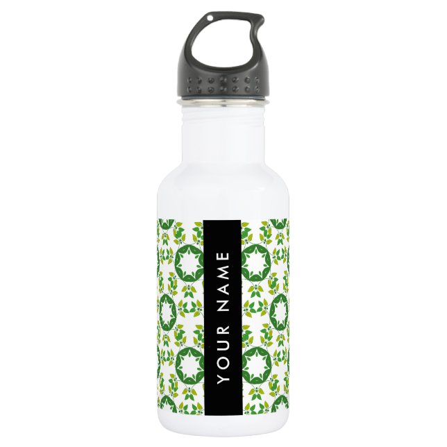 Leaf Pattern, Green Leaves, Your Name Stainless Steel Water Bottle (Front)