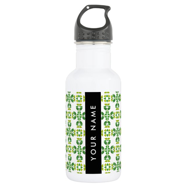 Leaf Pattern, Green Leaves, Your Name Stainless Steel Water Bottle (Front)
