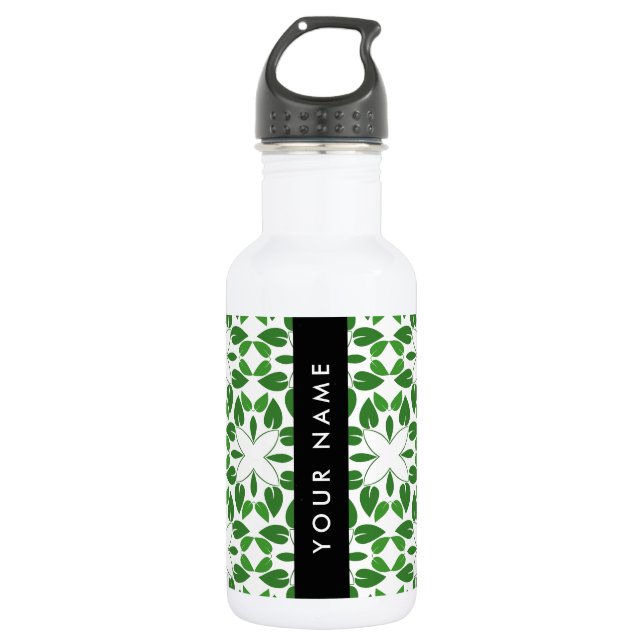 Leaf Pattern, Green Leaves, Your Name Stainless Steel Water Bottle (Front)