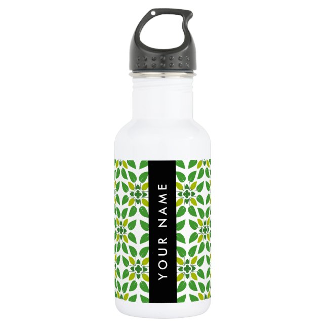 Leaf Pattern, Green Leaves, Your Name Stainless Steel Water Bottle (Front)