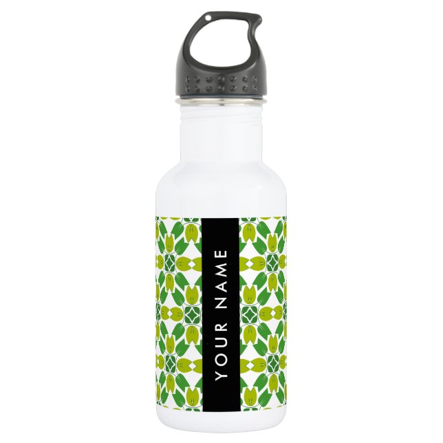 Leaf Pattern, Green Leaves, Your Name Stainless Steel Water Bottle (Front)