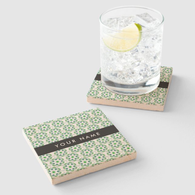 Leaf Pattern, Green Leaves, Your Name Stone Coaster (Side)