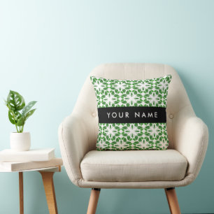 Leaf Pattern, Green Leaves, Your Name Throw Pillow