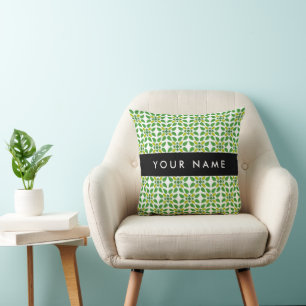 Leaf Pattern, Green Leaves, Your Name Throw Pillow