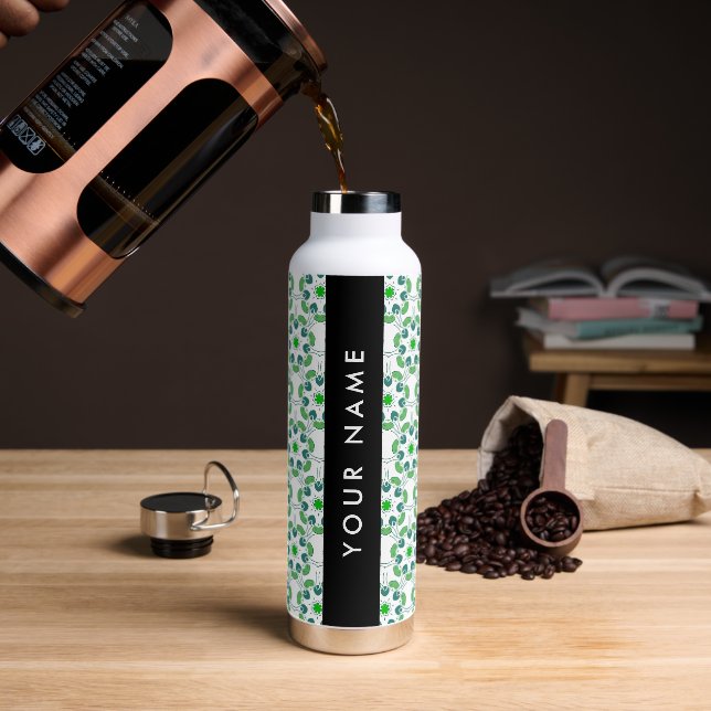 Leaf Pattern, Green Leaves, Your Name Water Bottle (Coffee)