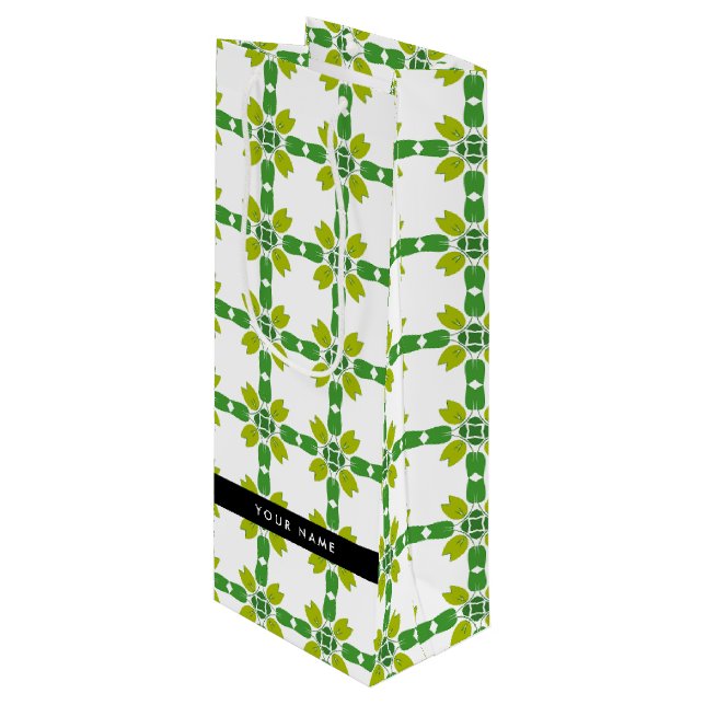Leaf Pattern, Green Leaves, Your Name Wine Gift Bag (Front Angled)