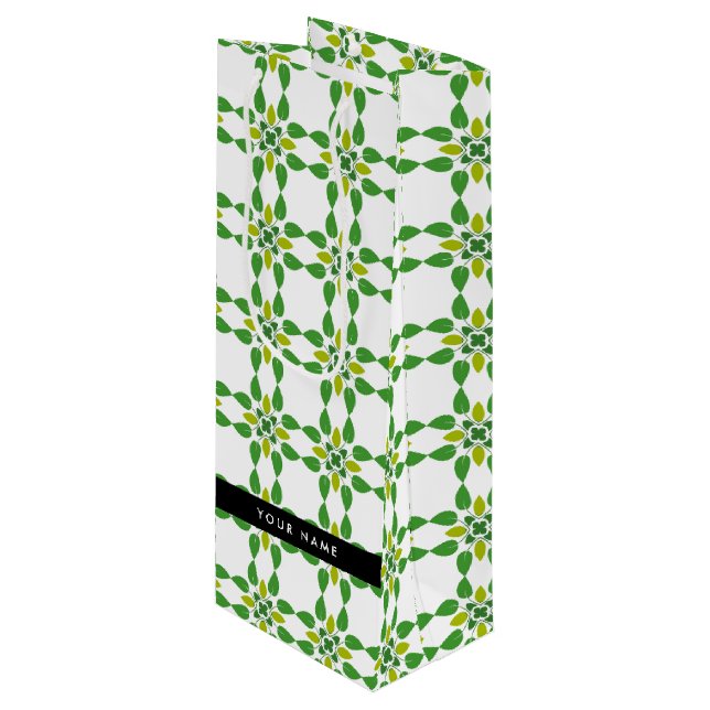 Leaf Pattern, Green Leaves, Your Name Wine Gift Bag (Front Angled)