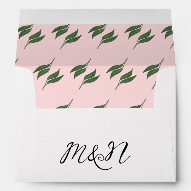 Leaf Pattern Green Pink Initials Wedding Envelope (Back (Bottom))