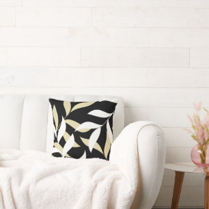 Leaf Pattern On Black Background Throw Pillow