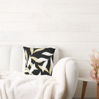 Leaf Pattern On Black Background Throw Pillow