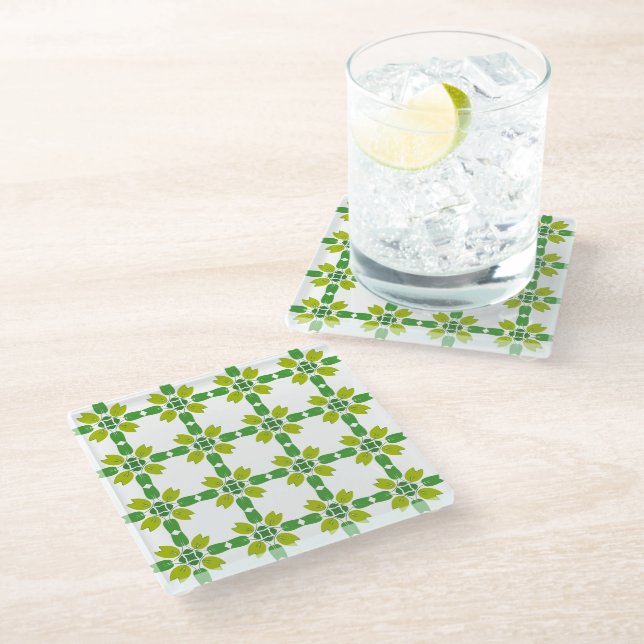 Leaf Pattern, Pattern Of Leaves, Green Leaves Glass Coaster (Angled)