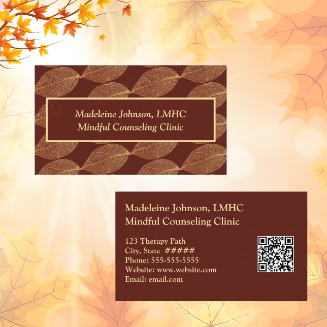 Leaf Pattern Psychologist  Counselor QR Code Business Card (Creator Uploaded)