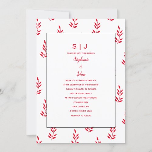 Leaf Pattern Red White Monogram Name Wedding Invitation
