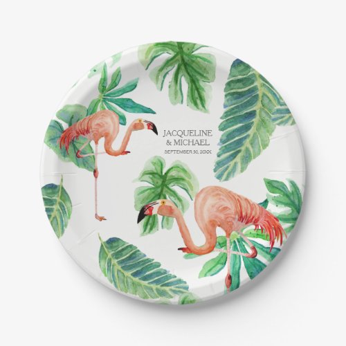 Leaf Pink Flamingo Bridal Shower Decor Watercolor Paper Plates