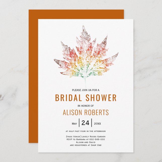 Leaf print burnt orange fall wedding bridal shower invitation (Front/Back)