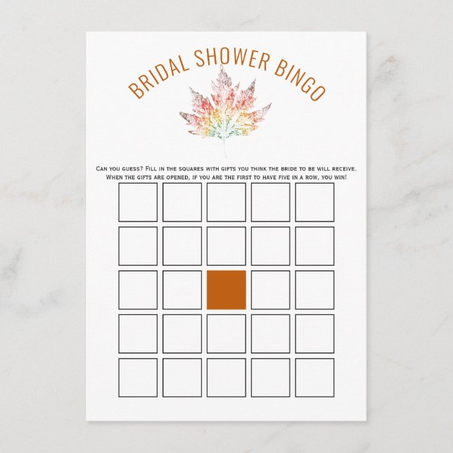 Leaf print orange bridal shower bingo game card (Front)