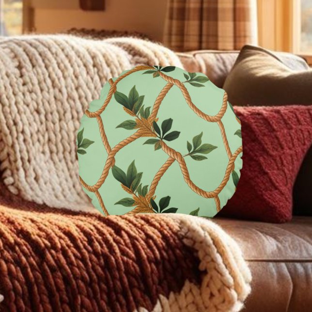 leaf Rope Green Brown Pattern  Round Pillow (Creator Uploaded)