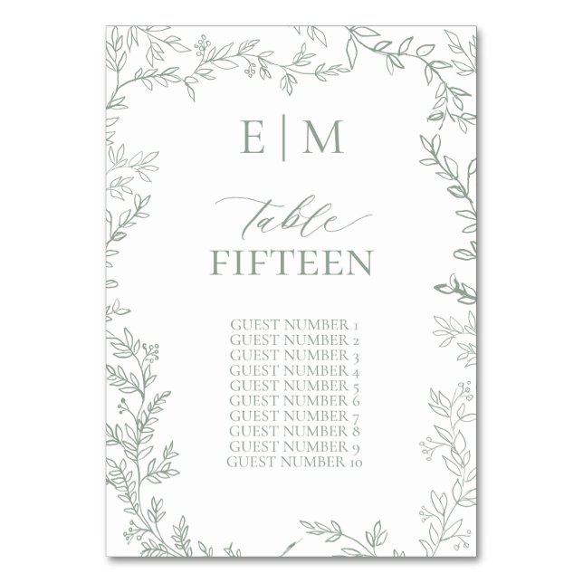 Leaf Sage Green Elegant Monogram Table Card (Front)