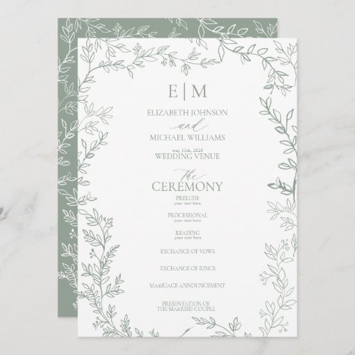 Leaf Sage Green Elegant Monogram Wedding Program