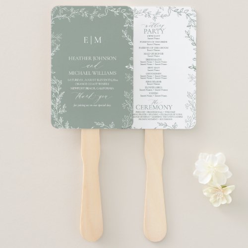 Leaf Sage Green Elegant Monogram Wedding Program Hand Fan