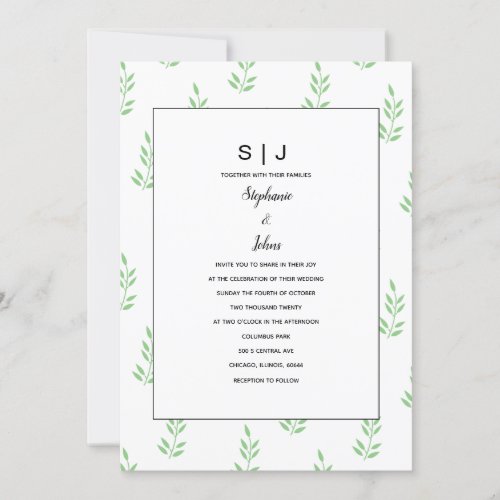 Leaf Sage Green Monogram Minimal Wedding 2024 Invitation