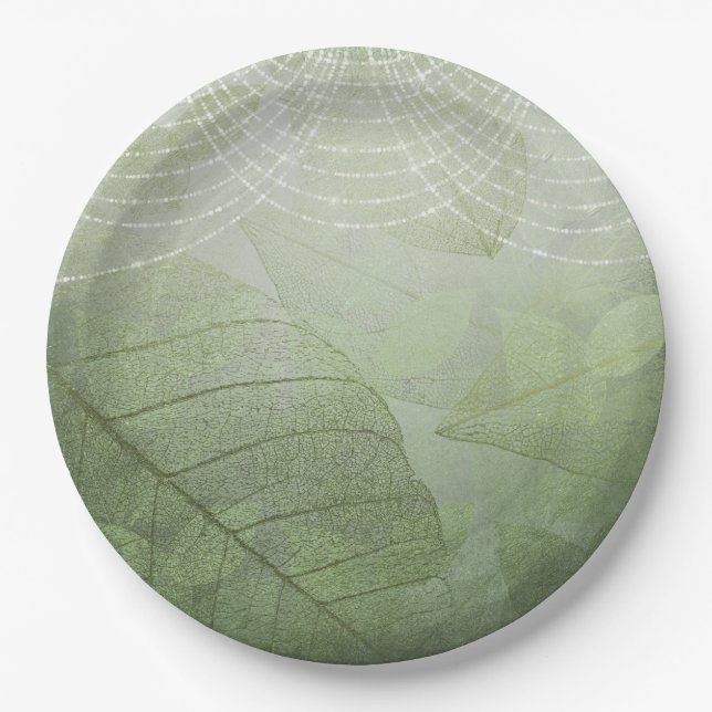 Leaf Sage Green Silver Glitter Fantasy Paper Plates (Front)
