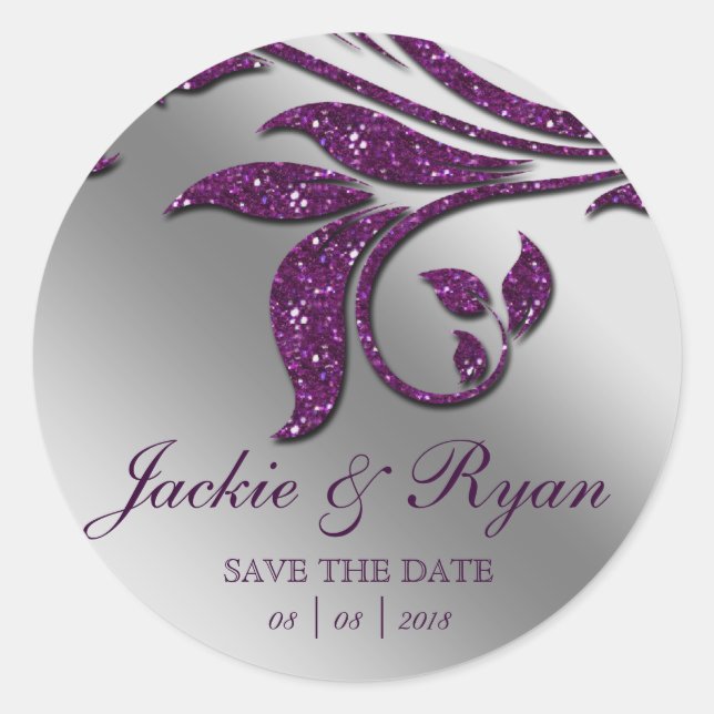 Leaf Save Date Wedding Stickers Purple Sparkle (Front)