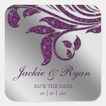 Leaf Save Date Wedding Stickers Purple Sparkle 2 by WeddingShop88 at Zazzle
