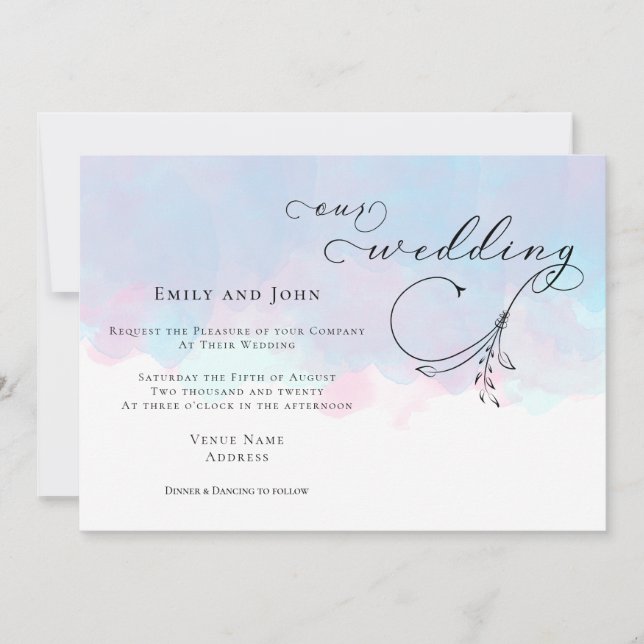 Leaf Script Pink Blue Lilac Watercolors Wedding Invitation (Front)