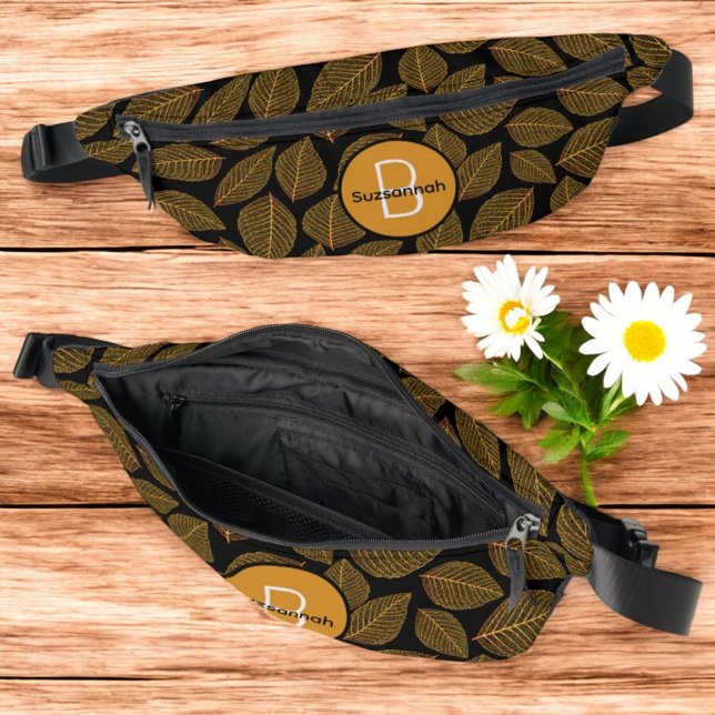 Leaf Skeleton Pattern with Initial Monogram Fanny Pack (front, top and inside fanny pack template)