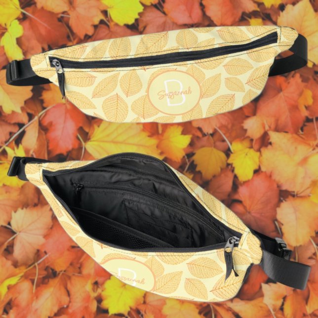 Leaf Skeleton Pattern with Initial Monogram Fanny Pack (fanny pack front, top and inside with template monogram and name)