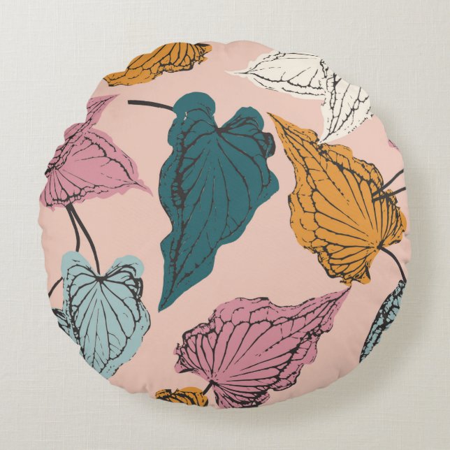 Leaf skeleton seamless pattern,background with cal round pillow (Front)