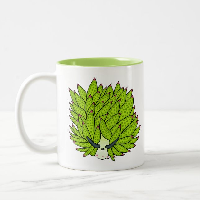 Leaf slug cartoon illustration Two-Tone coffee mug (Left)