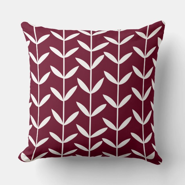 Leaf Stems - White on Deep Crimson Throw Pillow (Front)