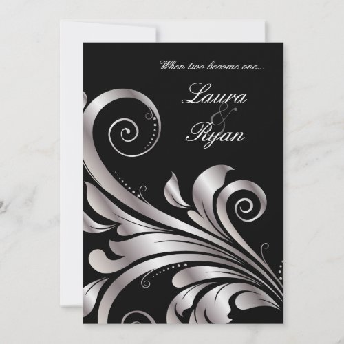 Leaf Swirl Wedding Invitation Black Silver