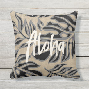 Leaf Tiki Charcoal Hawaiian Tropical Reversible Outdoor Pillow