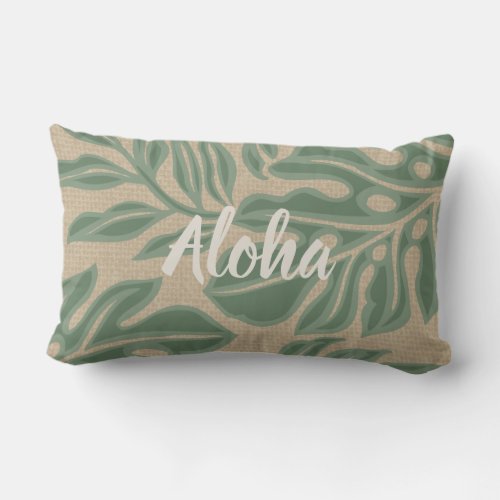 Leaf Tiki Sage Green Hawaiian Tropical Reversible Lumbar Pillow