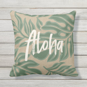 Leaf Tiki Sage Green Hawaiian Tropical Reversible Outdoor Pillow