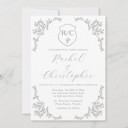 Leaf Vine Floral Border Monogram Wedding Invite