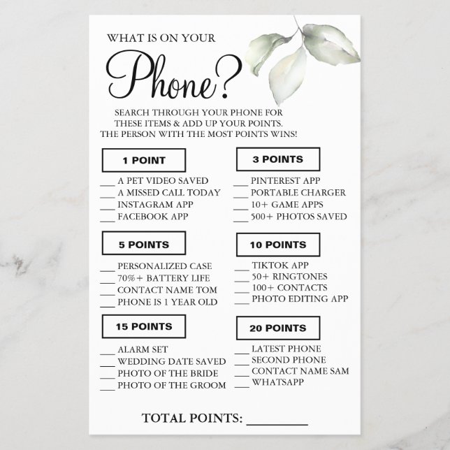 Leaf What is on your phone Shower game card Flyer (Front)