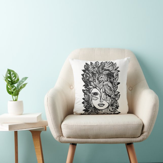 Leaf womans Face Abstract ink drawing art   Throw Pillow (Chair)