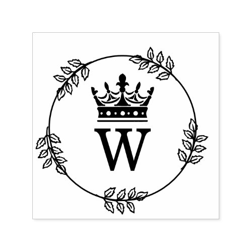 Leaf Wreath Crown Topped Single Initial Monogram Self_inking Stamp