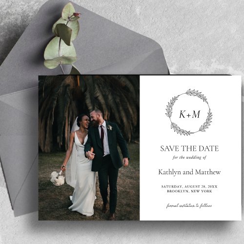 Leaf Wreath Monogram Black and White Save The Date Magnetic Invitation