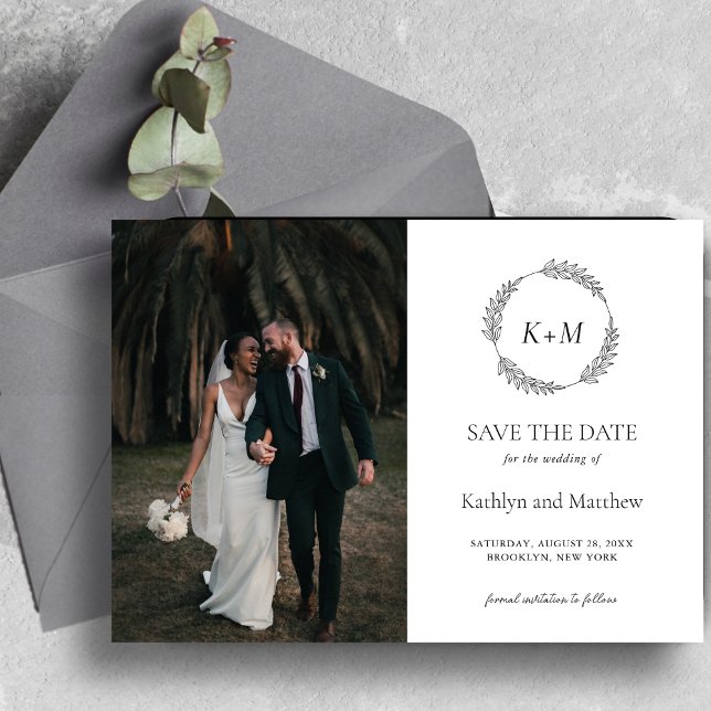 Leaf Wreath Monogram Black and White Save The Date Magnetic Invitation (Creator Uploaded)