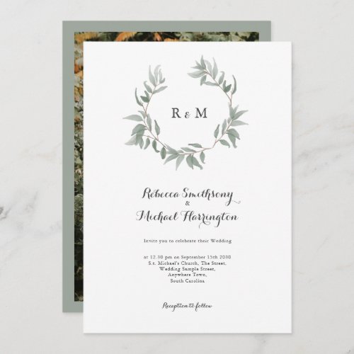 Leaf Wreath Monogram Wedding Invitation