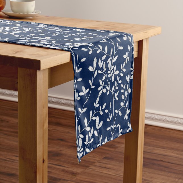 Leafline Spread Navy White Short Table Runner (In Situ)