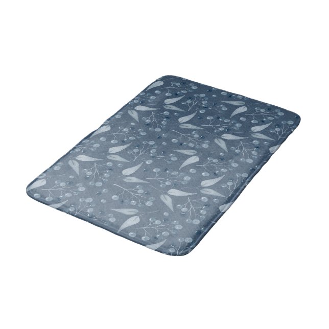 Leafs & Berries Pattern In Monochromatic Blue-Gray Bath Mat (Angled)