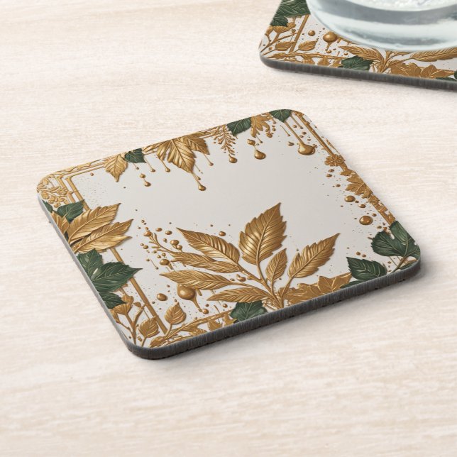 Leafs elegant gold beverage coaster (Left Side)