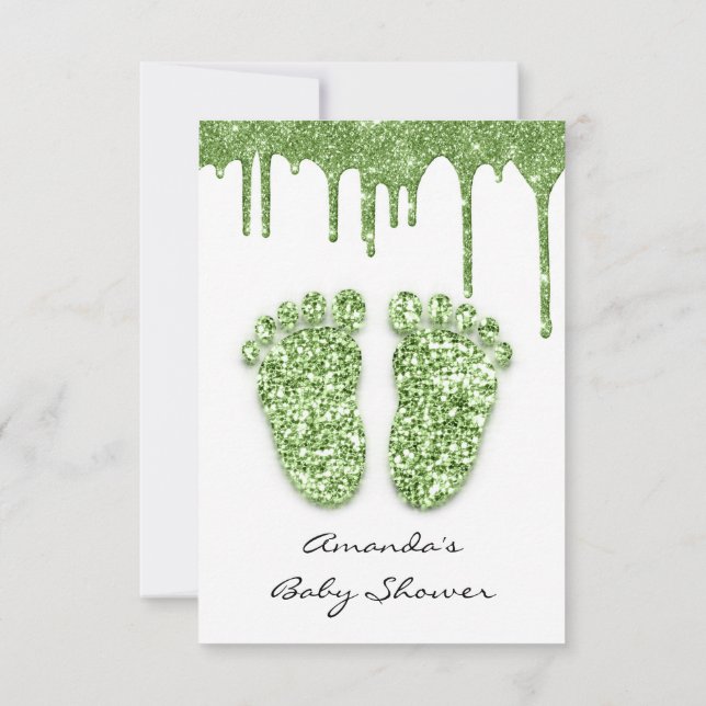 Leafs Glitter White Mint Green Baby Shower Feet Invitation (Back)